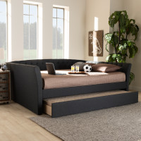 Baxton Studio CF9044-Charcoal-Daybed-Q/T Delora Modern and Contemporary Dark Grey Fabric Upholstered Queen Size Daybed with Roll-Out Trundle Bed
